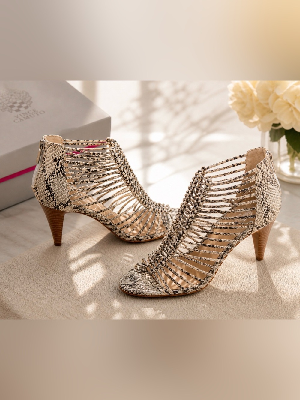 Vince Camuto Alsandra Snakeskin Heels – Pure White Capri Snake (Size 11M)